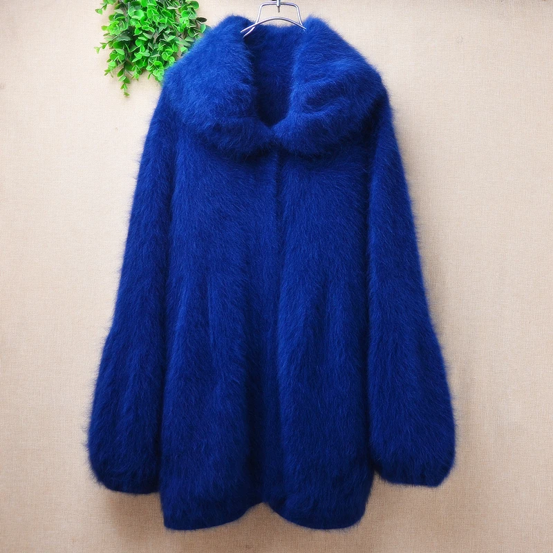 Female Women Fall Winter Clothing Blue Hairy Mink Cashmere Knitted Long Sleeves Turn-Down Neck Loose Cardigans Sweater Jacket