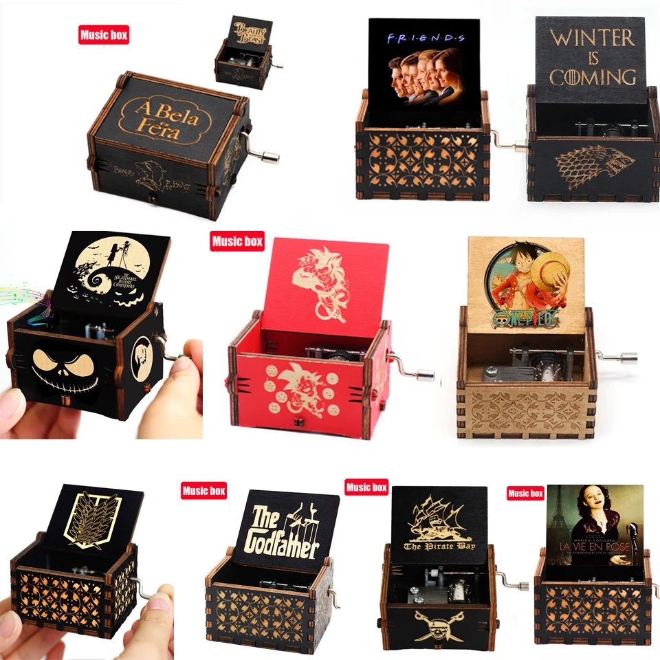 HOTSALE MANGY STYLES Antike Geschnitzte Holz-Spieluhr mit Handkurbel Actionfigur Anime-Modell Geburtstagsgeschenk