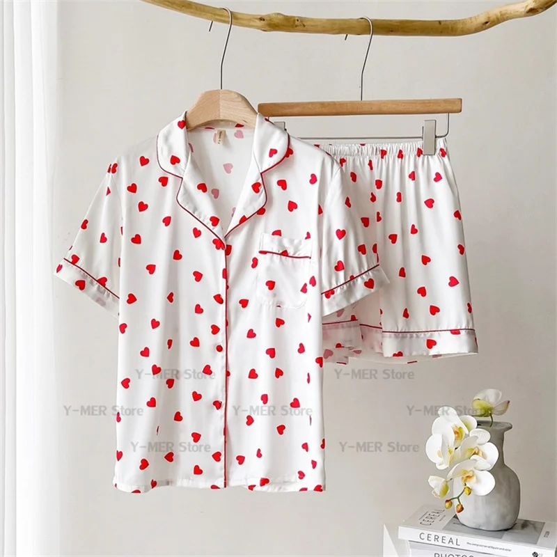 

Новинка лета 2024, пижамы с короткими рукавами и принтом любви, женская роскошная домашняя одежда, свободная пижама Mujer, шорты с лацканами, костюм