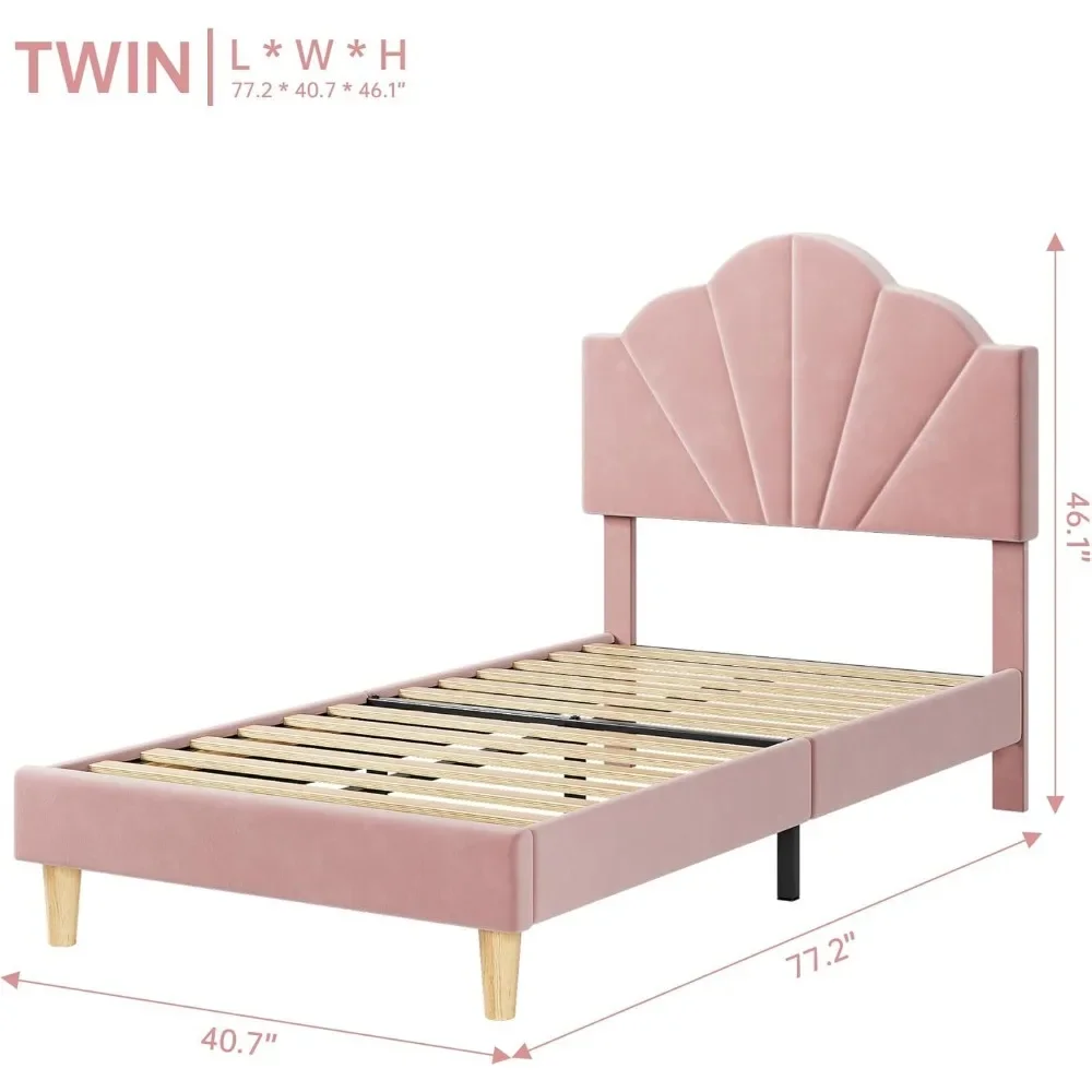 Twin Bed Frame with Height Adjustable Headboard, Strong Wood Slat Support and Metal Frames, Velvet Upholstered Bed Frame