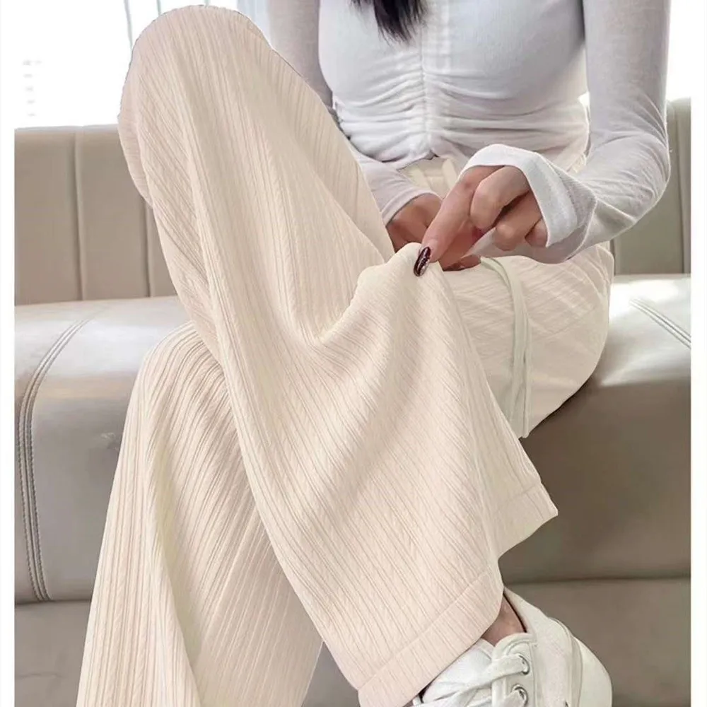 Crinkle Fabric Wide Leg Pants Ultra Thin High Waisted Straight Leg Trousers Pink Elastic Waist Palazzo Pants Street Style
