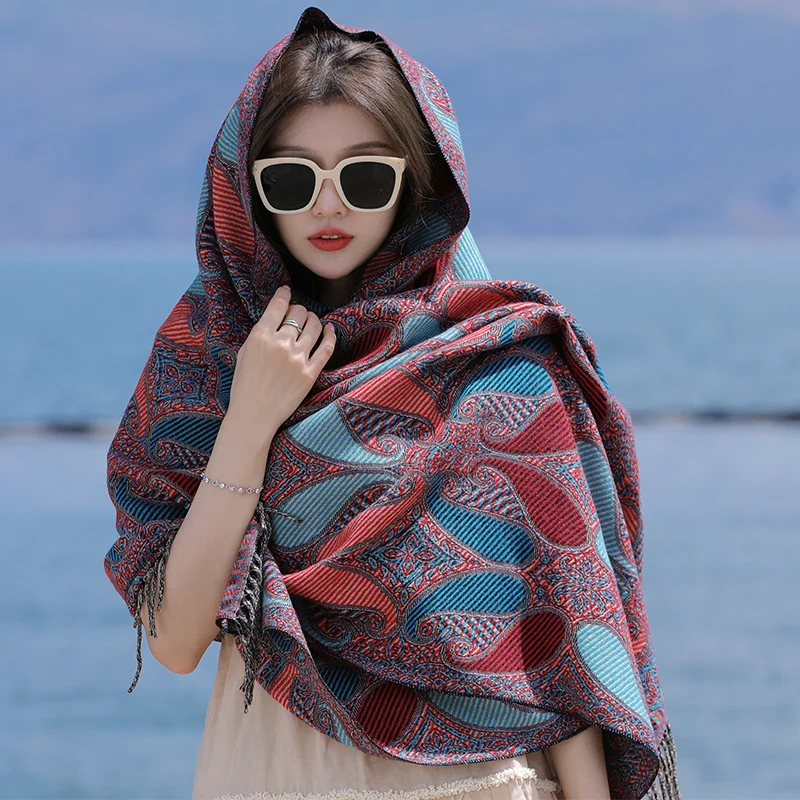 2023 New Cashew Fashion Ethnic Style Shawl Women's Imitation Cashmere Tassel Scarf  Tourism Scarf