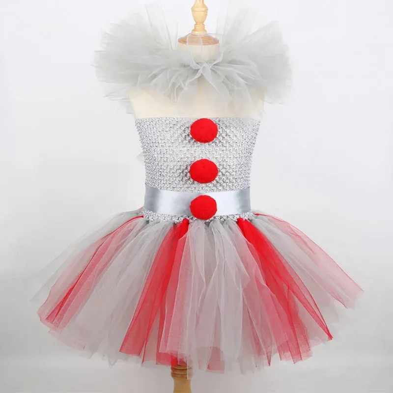 Disfraz de Pennywise de Halloween para niños, disfraz de payaso espeluznante, ropa de fiesta de Carnaval, conjunto de vestido tutú de tul elegante gris para niñas