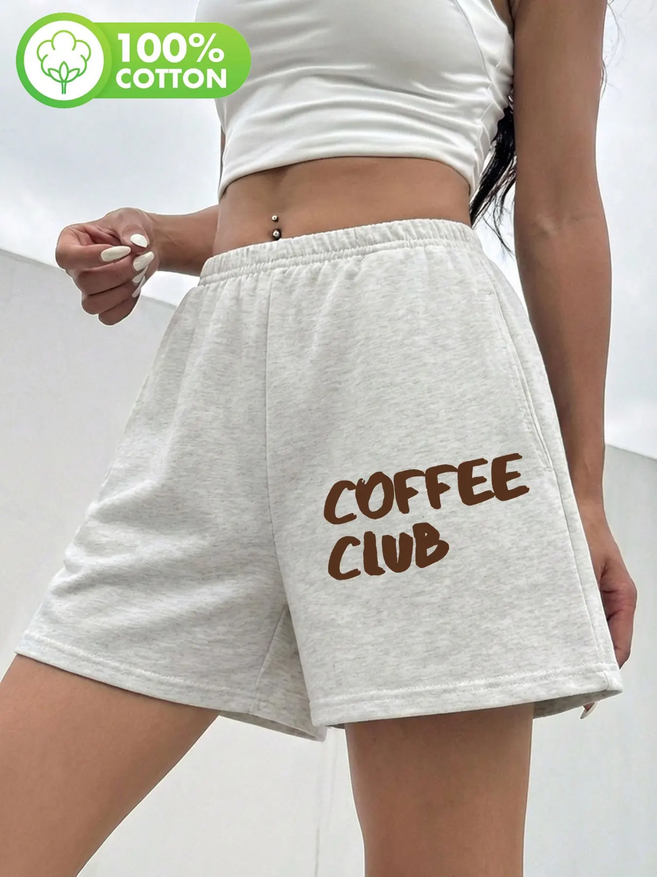 

Женские повседневные шорты из чистого хлопка с принтом в стиле рукописного текста «COFFEE» и высокой талией, свободного кроя, универсальные