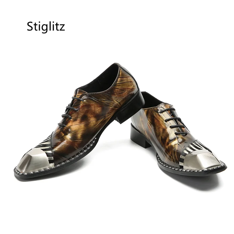 Metal Toe Brown Stripe Patchwork Men's Leather Shoes Business Work Office Lace-Up Dress Shoes for Men Elegent Man Social Shoe