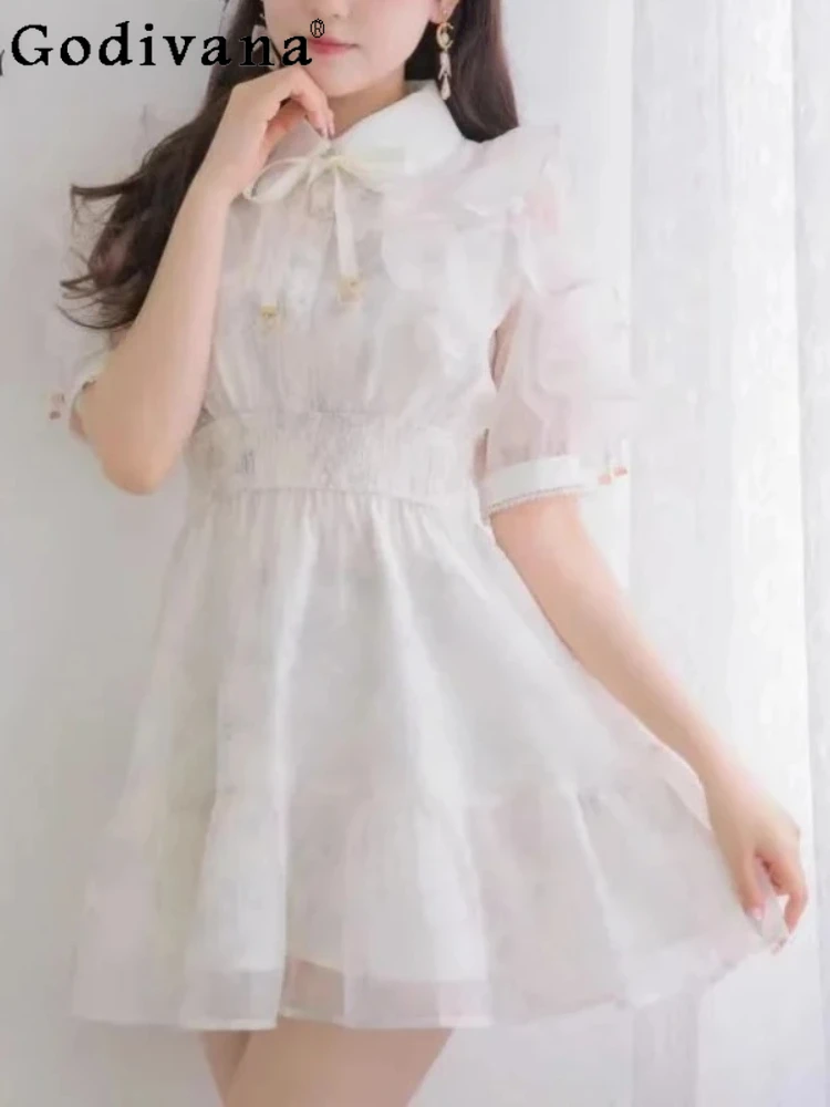 Large Size Sweet Ruffles Floral Short Sleeve Peter Pan Collar Dress Spring Summer Girl High Waist A-line Age Reduction Dresses