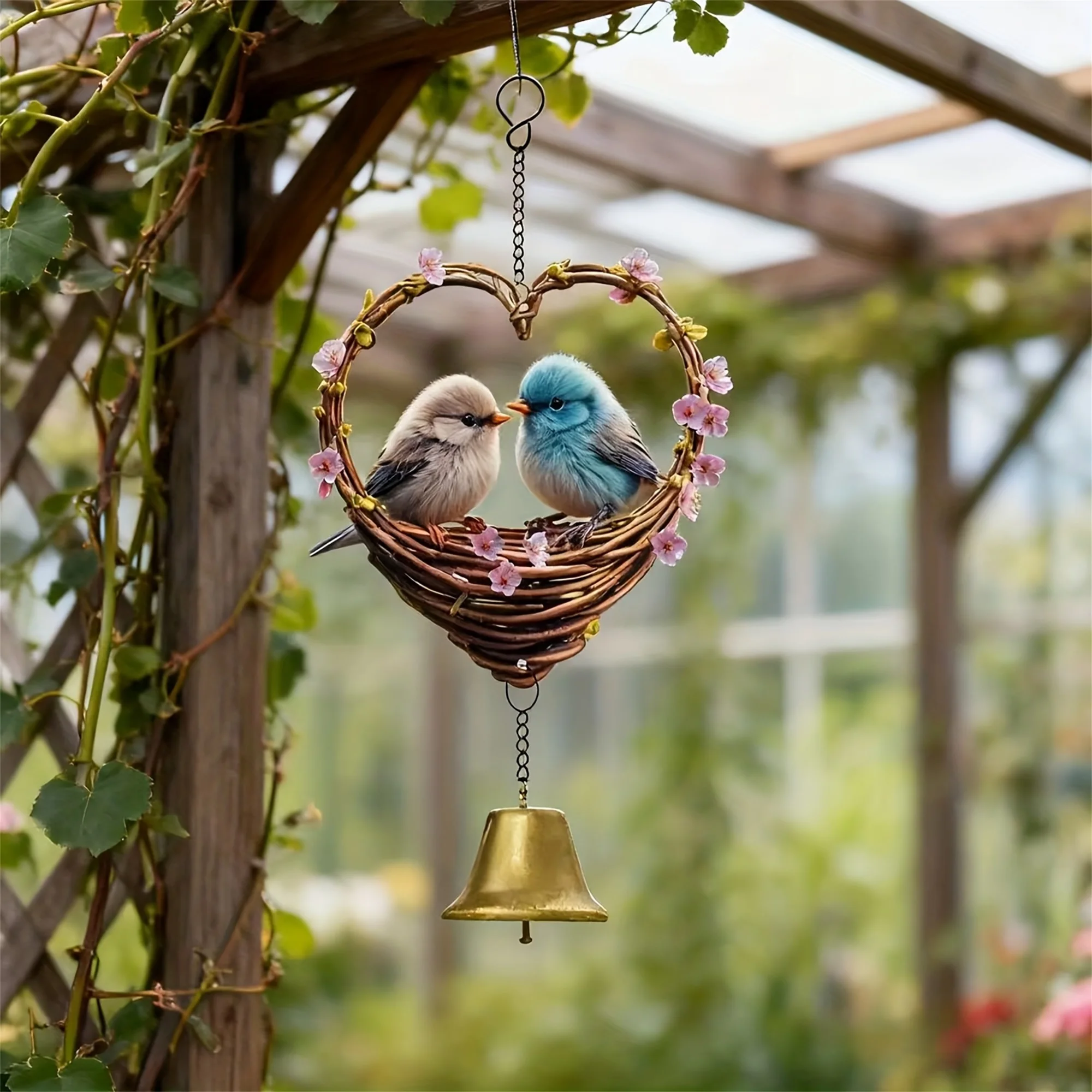 Romantic Heart-Shaped Wind Chimes with Bird and Branch Design Perfect for Home Garden or Yard Decoration on Valentine s Day