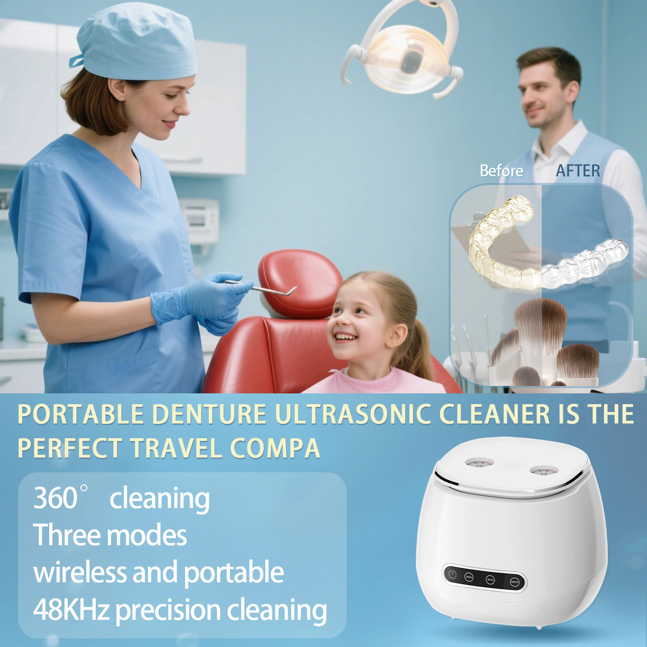 Machine automatique de nettoyage de prothèses dentaires à ultrasons, nettoyeur de pinceaux de maquillage USB, 3 fonctions de synchronisation pour tous les appareils dentaires, 48KHZ