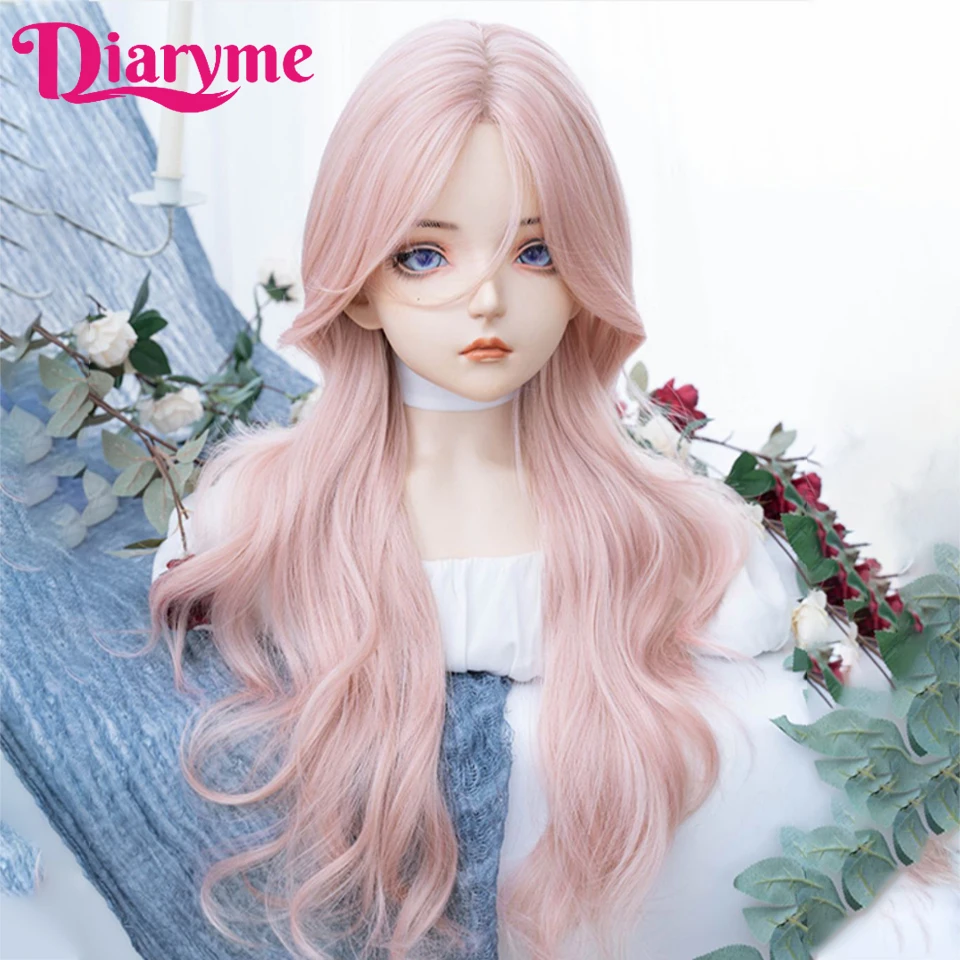 Long Wavy Pink Cosplay Wig Synthetic Woman Wigs Lolita Wig Female Middle Part Pink Wig Natural Hair Wigs For Women heat-resistan