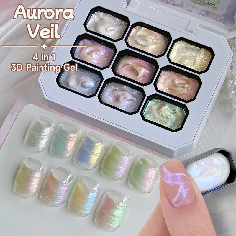 

Гель для 3D-росписи UR SUGAR 4 в 1, 9 цветов, палитра с эффектом сияния, для создания объемного дизайна ногтей, градиентный полутвердый гель-лак для салонов красоты