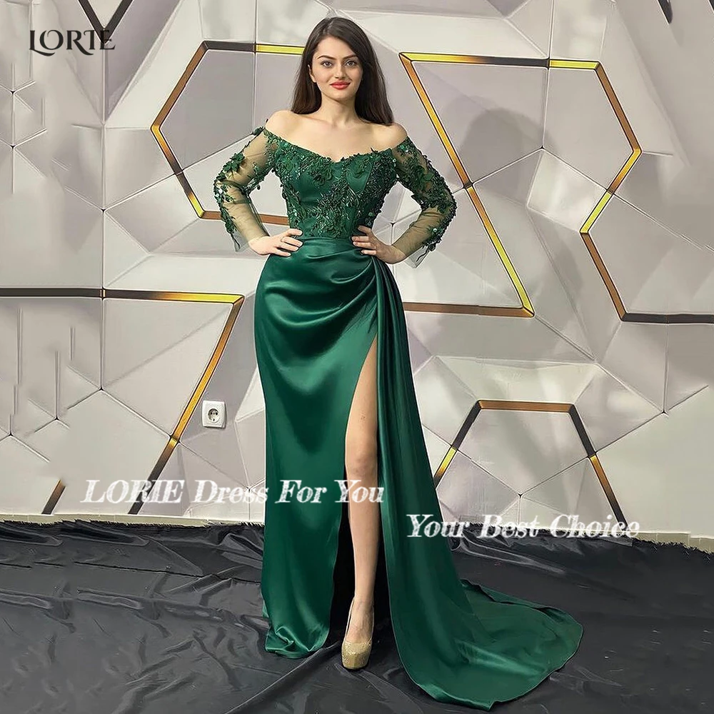 LORIE Green Lace Formal Evening Dresses For Wedding Dubai Off Shoulder Celebrity Gowns Appliques Flowers Side Split Party Dress