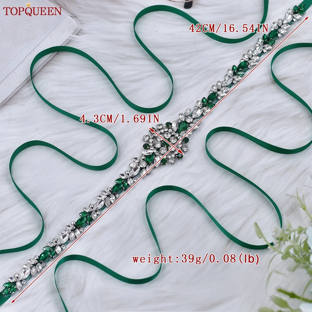 TOPQUEEN Wedding Belt Handmade Green Rhinestone Belt Wedding Accessories Bridal Spaghetti Belt Banquet Dress Decoration S124-KL