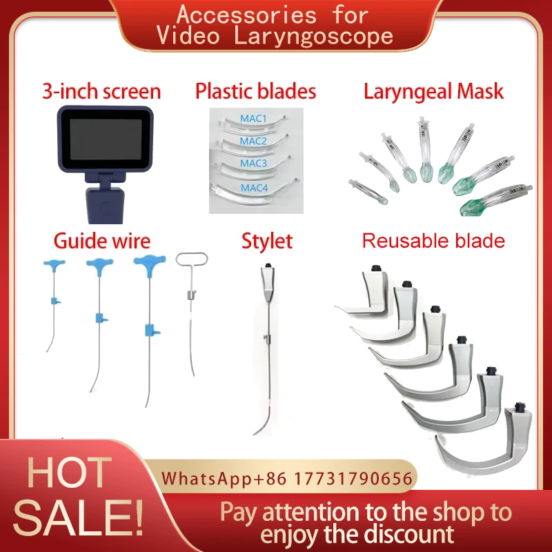 All accessories for laryngoscope, including various models of blades, suitcases, tubes, and laryngeal masks