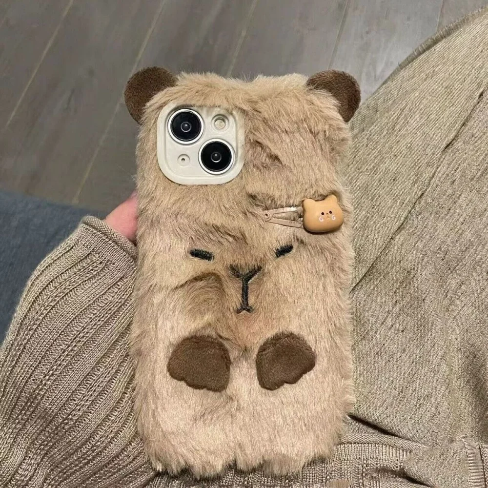 Luxury Capybara Fluffy Fur phone case protection for iPhone 16 15 13 12 11 14 Pro Max XS XR 16 7 8 Plus X SE Lovely Plush Coque