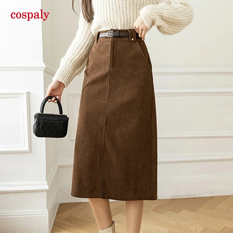 A Women Korean mid-calf skirts Autumn fashion casual high waist A-line skirt ladies slim streetwear package hip skirts female