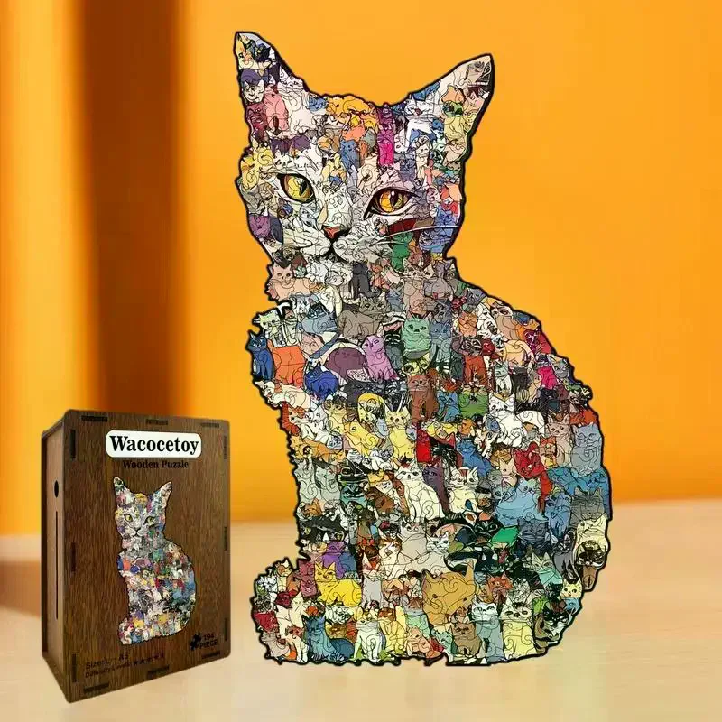 Unikalne drewniane puzzle w kształcie kota, 194 elementy, idealna gra i prezent dekoracyjny dla miłośników kotów, zawiera skarbonkę.