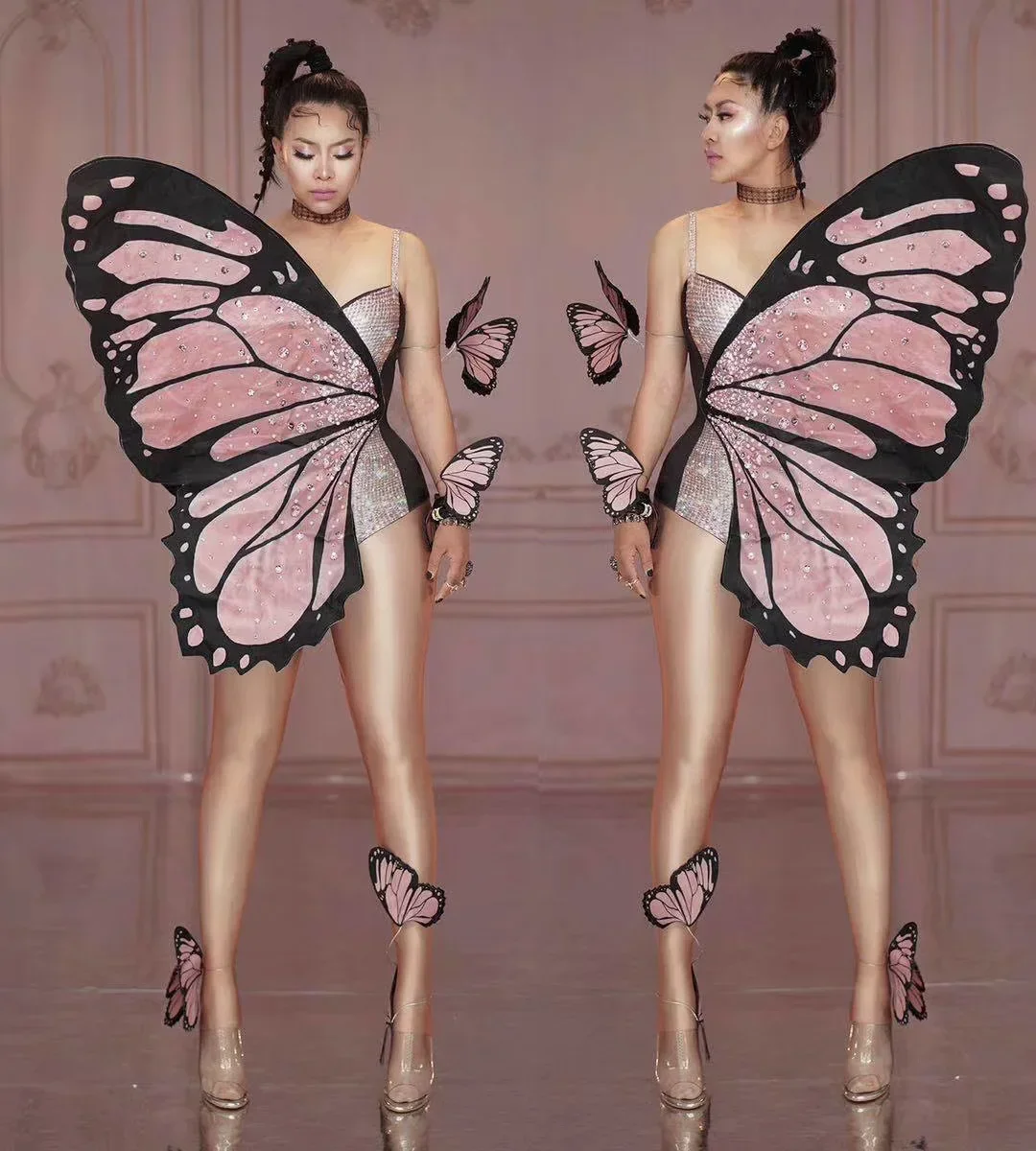 Spaghetti Strap Glänzende Strass Sexy Schmetterling Flügel Overalls Für Frauen 2025new Zeigen Tuch Drag Queen Rave Outfits