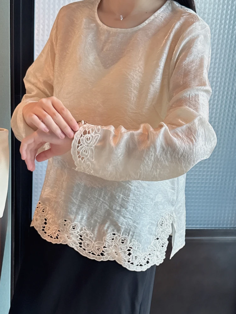 Ele Chinese Sle Embroidered Hollow out Lace Trim Top Slimming Simple Aosphere Splicing Flower Loose Fit Women irt