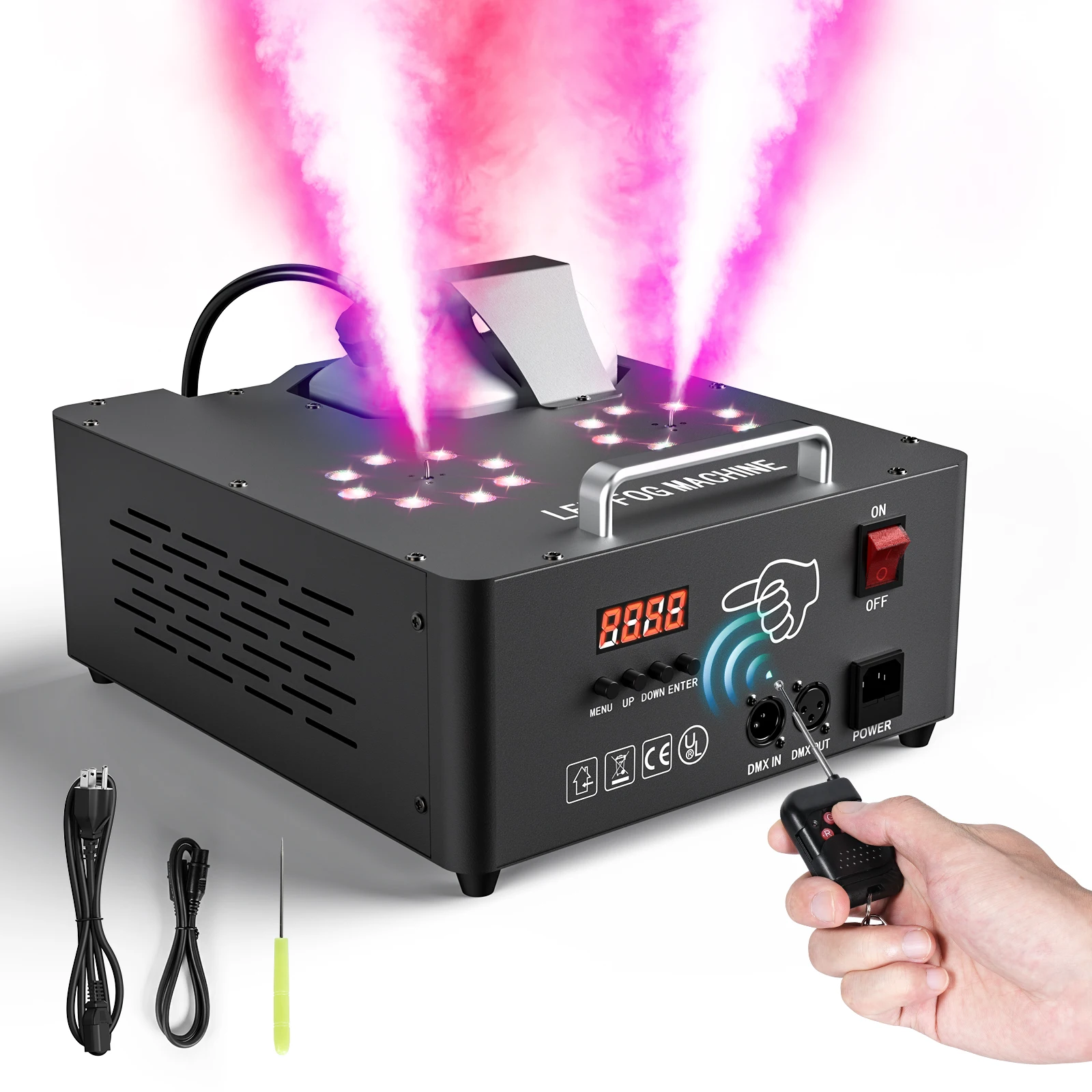 U'King 2000W Podwójna Maszyna do Dymu z Regulacją, Sterowana DMX512, Maszyna do Efektów Dymowych 3w1 z Kolorowym Światłem LED RGB, Wytwornica Dymu na Scenę dla DJ-ów, na Wesela i Boże Narodzenie