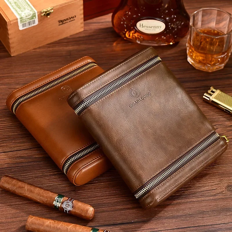 Portable Cigar Humidor with Cedar Wood Cigar Leather Case Holds Up To 6 Cigars Cigar Accessories