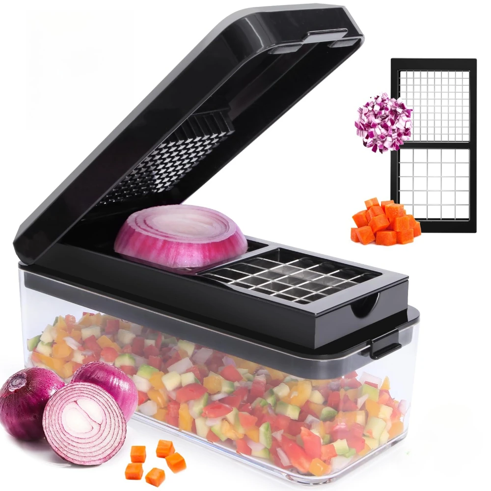Cortador de Legumes 2 em 1 com 2 Lâminas, Cortador Multifuncional de Salada, Fatiador Mandoline, Cortador de Cebola, Cortador de Batata