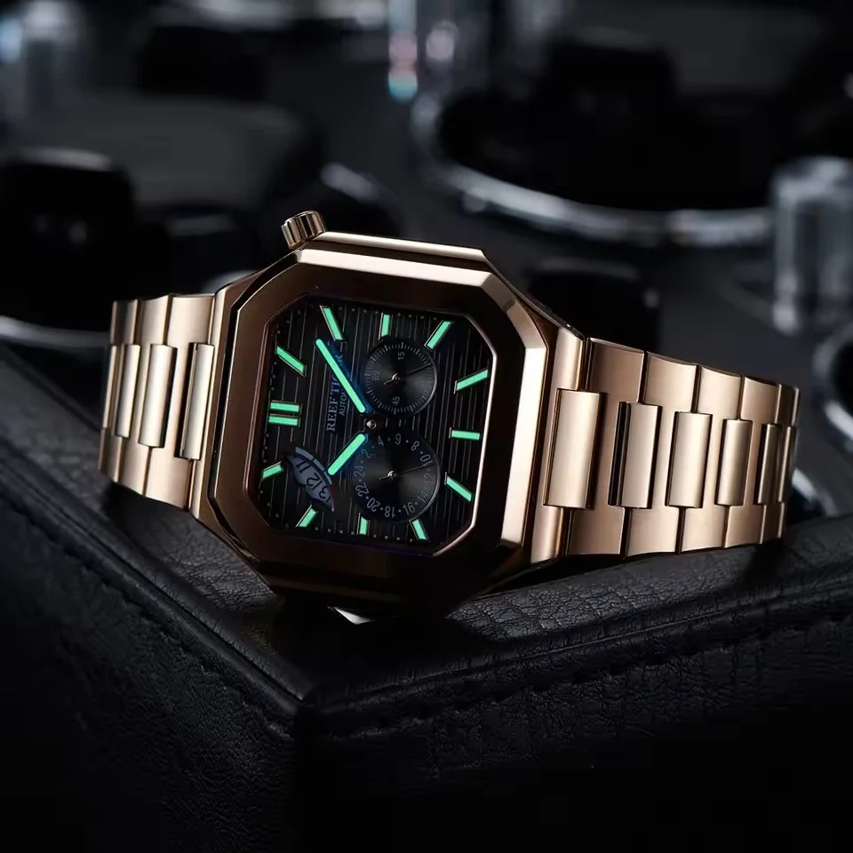 ريف تايجر ساعة أوتوماتيكية للرجال 44 ملم ساعة يد ميكانيكية مربعة 5ATM مضيئة الياقوت عرض احتياطي الطاقة ومينا 24 ساعة