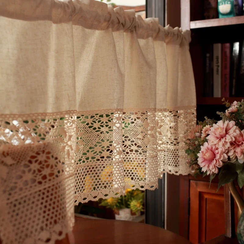 Handmade algodão linho cortinas curtas, Valance Cozinha, Crochet Lace, Borla oca, Cortinas Bege Janela, Porta do café