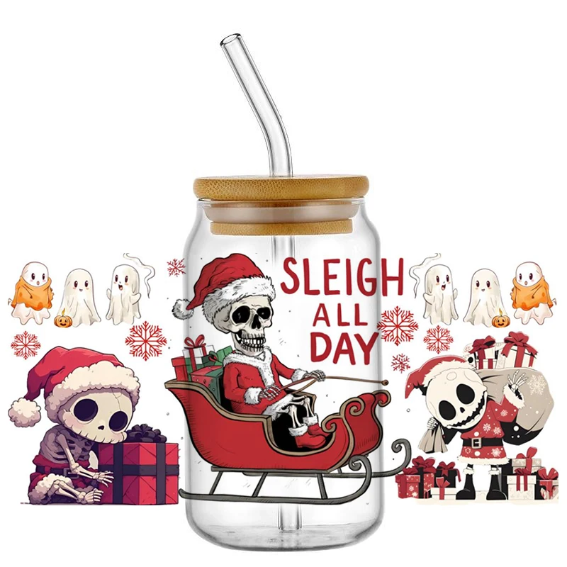 Miniso 3D Merry Christmas Decal Washable UV DTF Cup Wrap for 16oz Libbey Glasses DIY Mug Skeleton Transfer Sticker