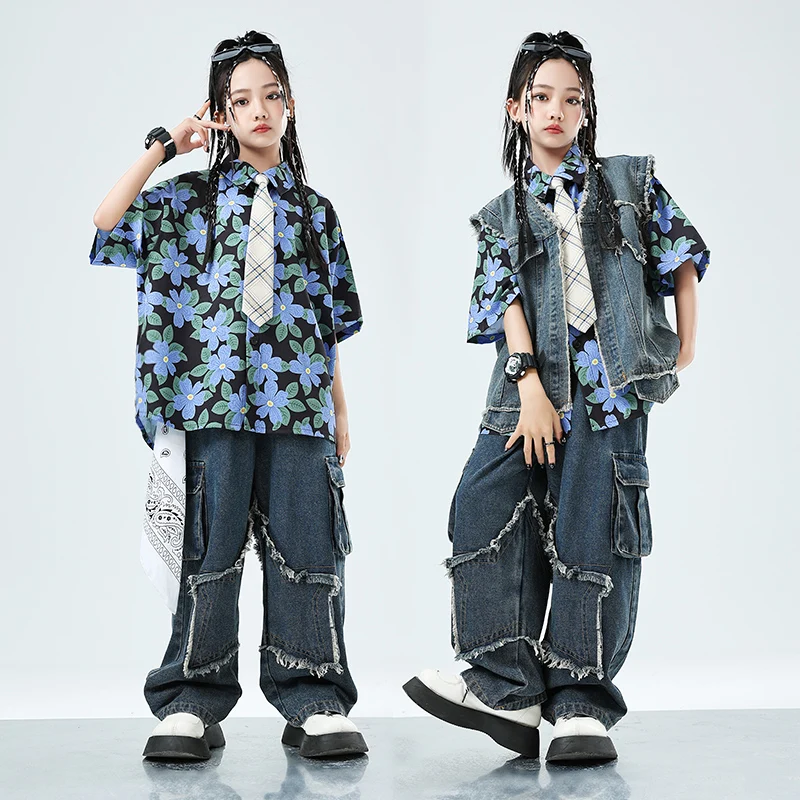 Hip Hop Girls Denim Vest Print Tshirt Jeans Boys Jazz Streetwear Dance Baggy Denim Pants Children Clothes Kids Showing Outfits