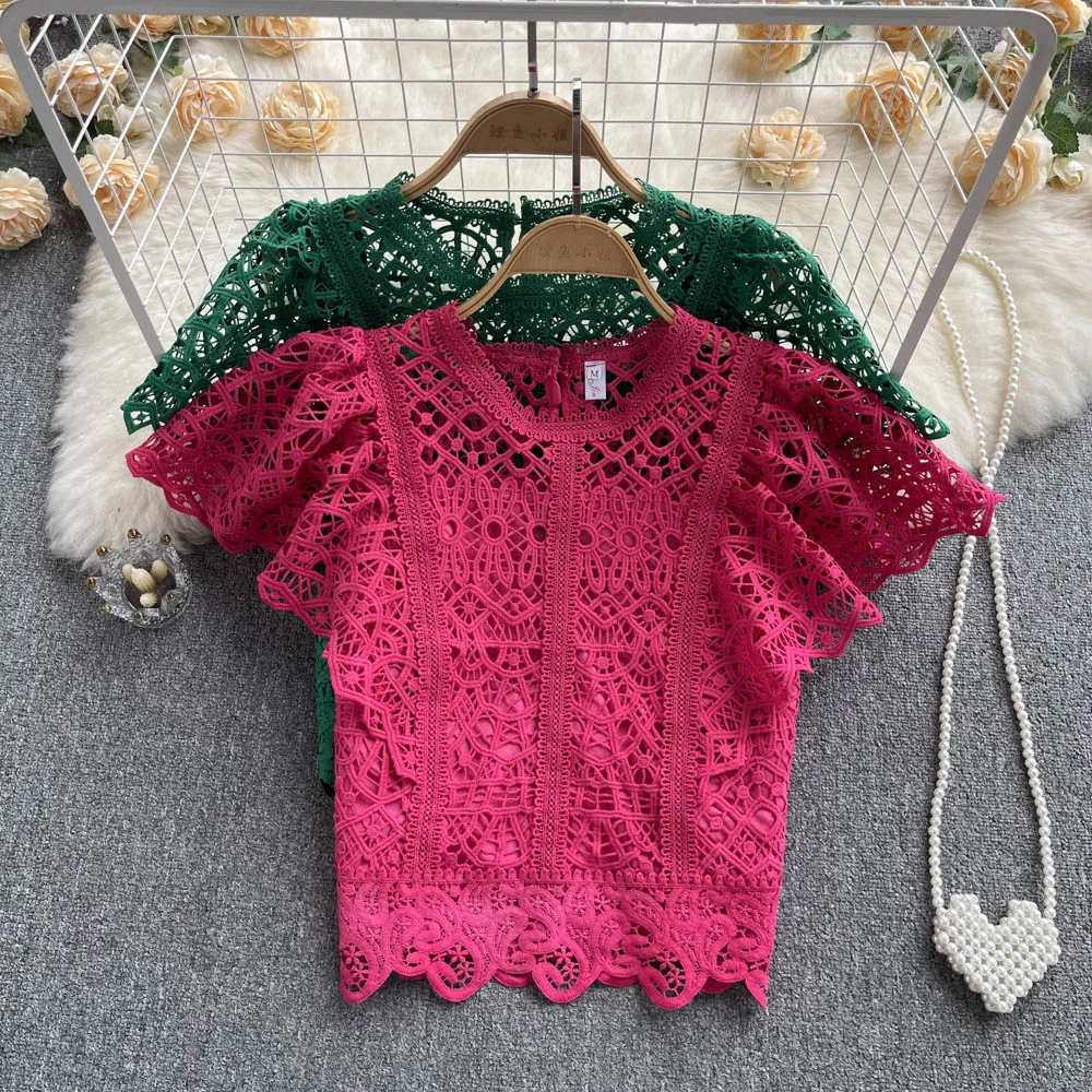 

Summer Korean Women New Fashion Round Neck Hollow High Waist Slim Flying Sleeve Lace Shirt Solid Color Short Tops Blouse G697