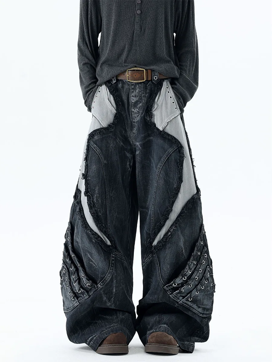 

Мужские джинсы в стиле пэчворк, осенне-зимние, модные, прямые, в американском уличном стиле, широкие, в пол