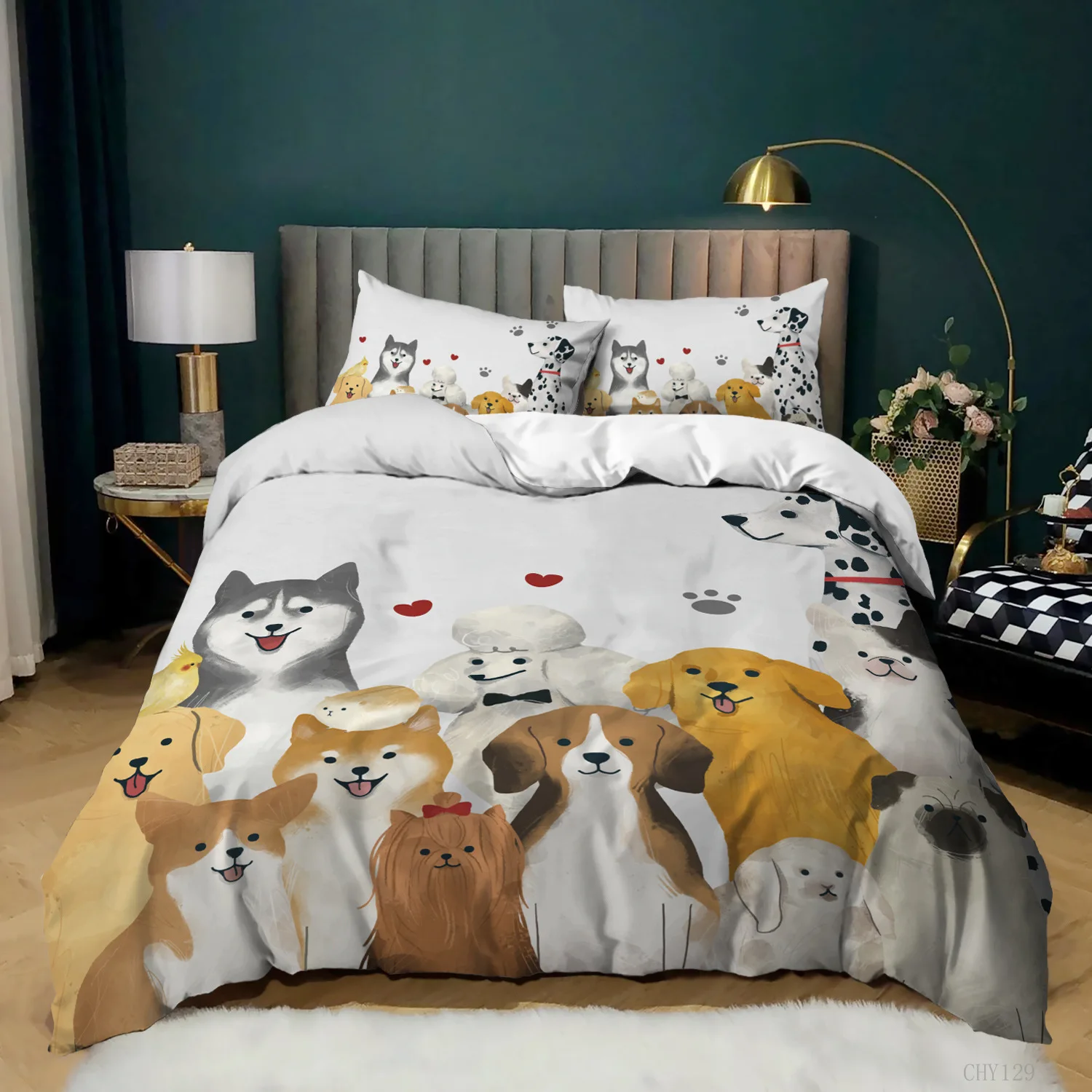 Cartoon Dogs Bedding Set Soft Polyester Bed Linen with Pillowcase Queen King Single Size 135x200cm Shiba Inu Duvet Cover Set