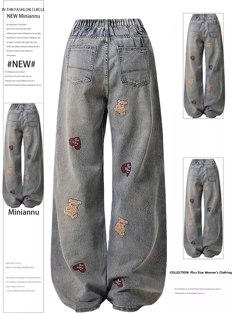 

plus Size American High Street Bear Embroidery Design Hole Denim Pants Women Fat MM Slim Straight Leg Pants Casual Commute
