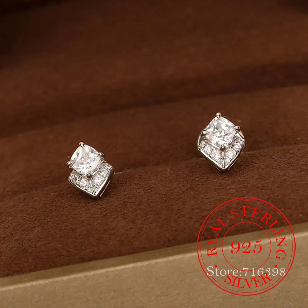 

925 Sterling Silver Jewelry Luxury Crystal Square Zircon Stud Earrings for Women Wedding Party Jewelry For Girls Friend Gift