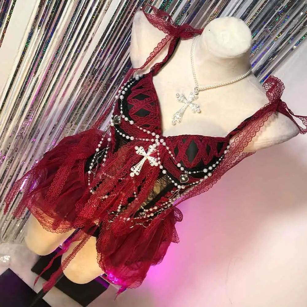 

Harajuku 90s Hand Made Teen Emo Trendy Grunge Heart Goth Cross DIY E-Girls Gothic Dress Y2K Lace TOPS Punk Rock Kawaii Eco