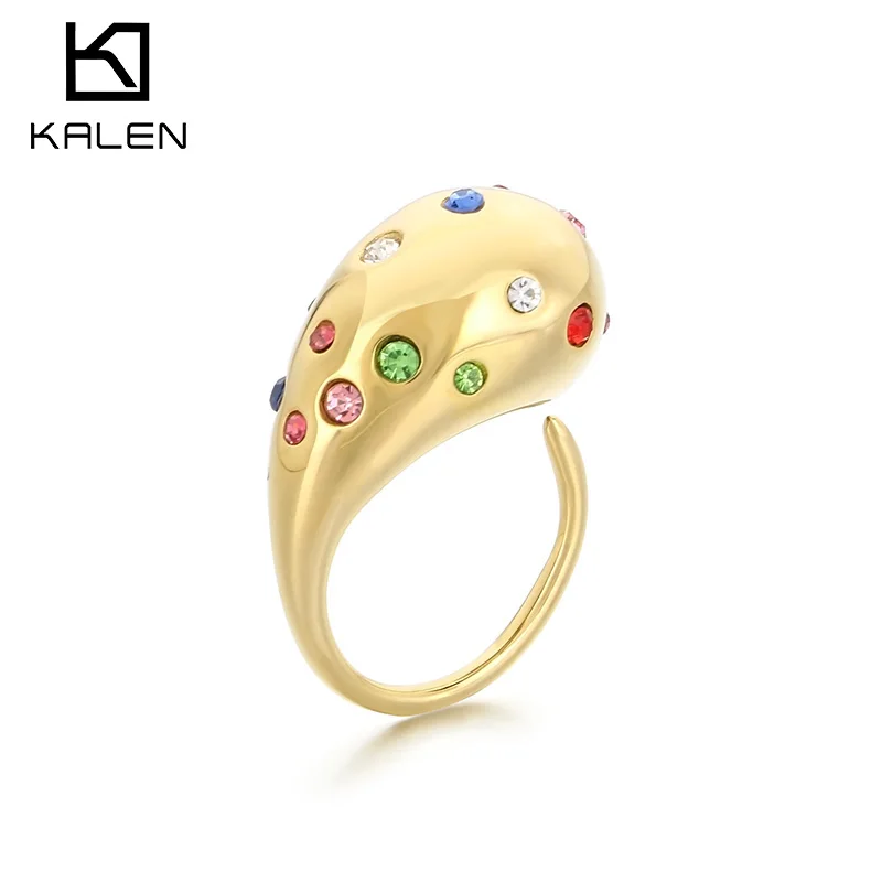 PVD Thick Waterdrop Multicolour Rhinestone Openable Ring Stainless Steel Pearl Glossy Indie Women Rings Designer Vintage Jewelry