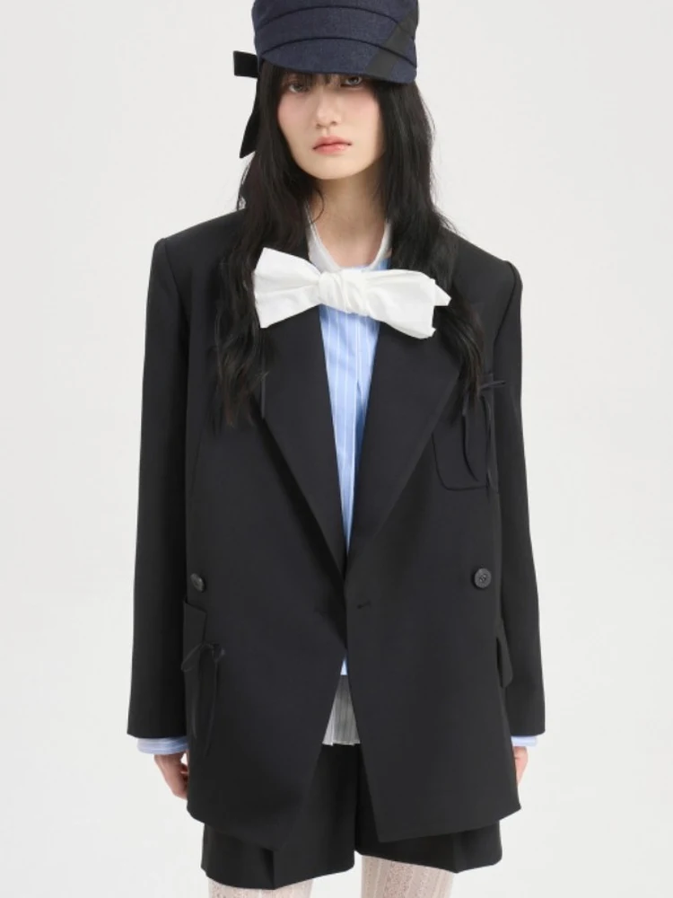 

Summer New Korean Style Simple Loose Slimming Knot Decoration Double Button Notch Lapel Suit Jacket Women's Fashion