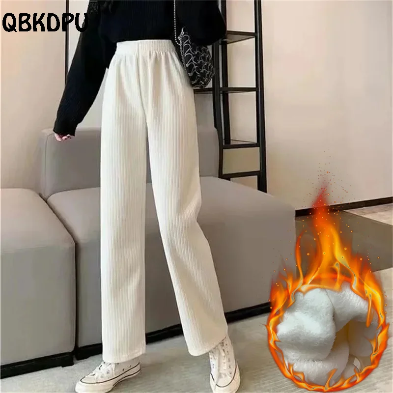 

New Casual Plus Velvet Wide Leg Pants Women High Waist Warm Straight Winter Pantalon Plush Lined Korean Thicken Baggy Spodnie