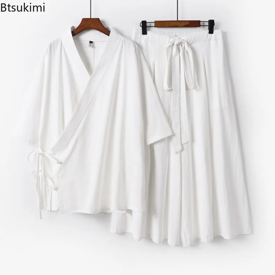 2026 Chinese Style Men's Linen Suit Tang Style Zen Style Hanfu Taoist Long Robe Top Pants Cotton and Linen Loose Two-piece Set