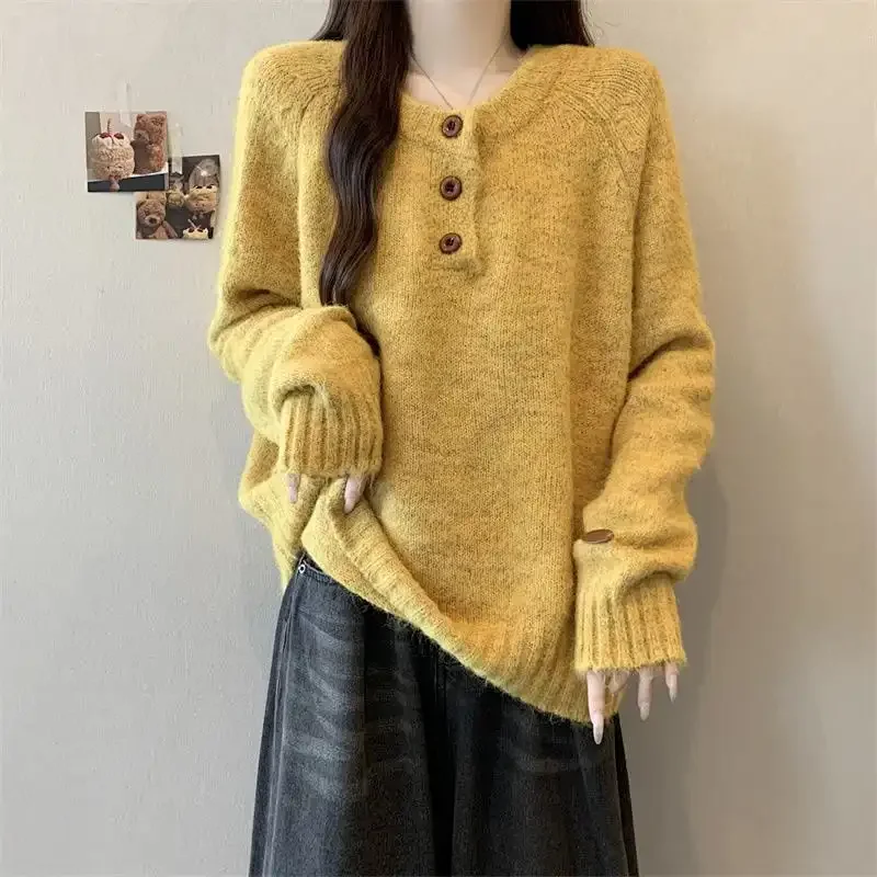 Autunno e inverno stile pigro morbido e ceroso tinta unita casual camicia con fondo allentato top maglione lavorato a maglia stile coreano