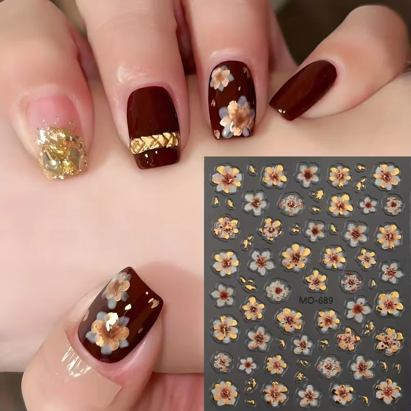 1 unidad de pegatinas florales metálicas 5D para uñas, pegatinas de flores de lámina dorada para uñas Vintage, flores de cerezo blancas, rosas y marrones, suministros para uñas de boda