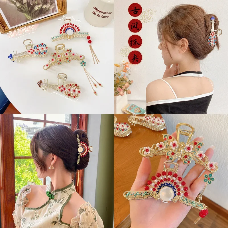 Retro Fan Shape Fringe Ponytail Clip Butterfly Flower Shark Clip Girls Elegant Pearl Hair Crab Hair Clip Luxury Hair Accessories