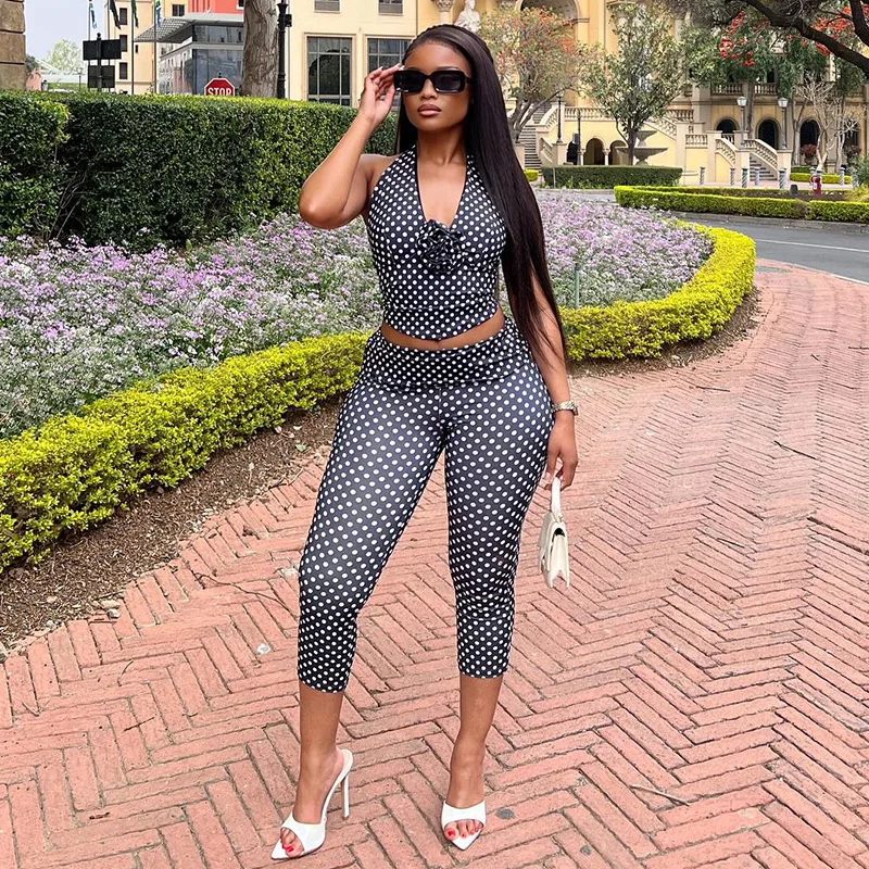 البولكا نقطة طباعة السراويل مجموعات المرأة مثير فتاة ساخنة ثلاثية الأبعاد الزهور الرسن الرقبة اقتصاص بنطلون قطعتين مجموعة موضة الشارع الشهير البدلة #3