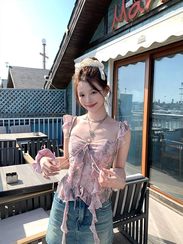 

Женский летний модный укороченный топ-жилет с принтом роз Acaine, с квадратным вырезом, в китайском стиле, с цветочным узором