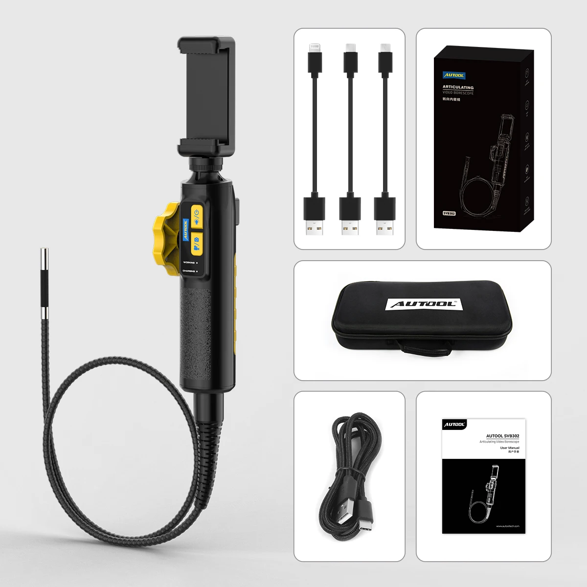 Endoscope SVB302 1080P avec caméra intelligente HD, dispositif de portée de tuyau d'inspection pour moteur de véhicule et carrosserie de voiture