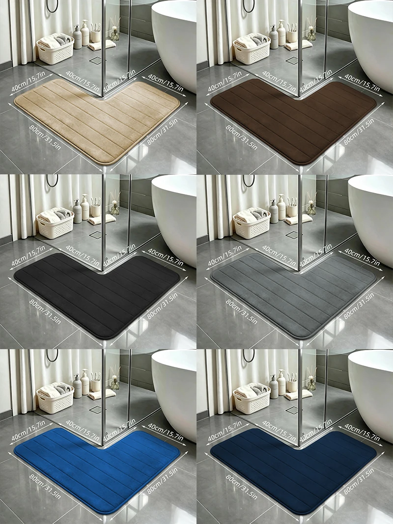 1 Stück L-förmige, rutschfeste und saugfähige Badematte, dicke, schnell trocknende Fußmatte aus Korallenfleece, mit horizontalen Streifen geprägtes Design, geeignet für Hotels, Gästehäuser und den privaten Gebrauch, rutschfester und schmutzabweisender Teppich für den Duschbereich im Badezimmer. – Detail 1