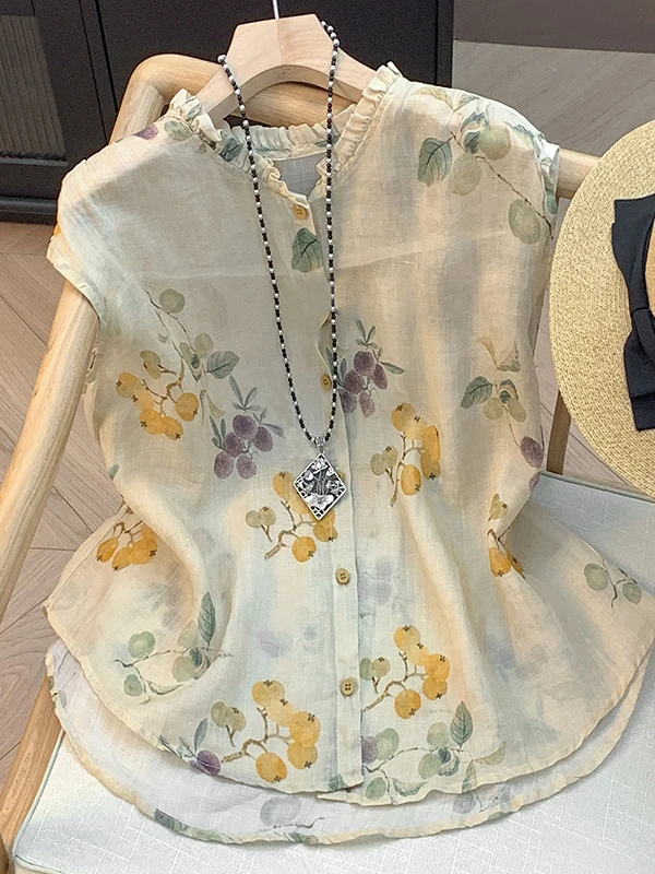 Retro Bluzka z bawełny i lnu w kwiatowy wzór, damska, letnia, w stylu leśnym, artystyczna, luźna, z kołnierzykiem w stylu klapki.