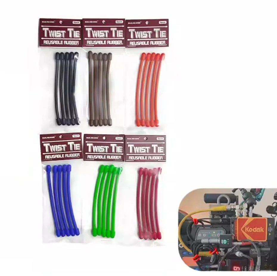 

5PC Reusable Cable Gear Tie Rubber Twist Strap Ribbon Bind Tape Wire String Multifunction Wear Band Bundle Strip Film Tying Rope