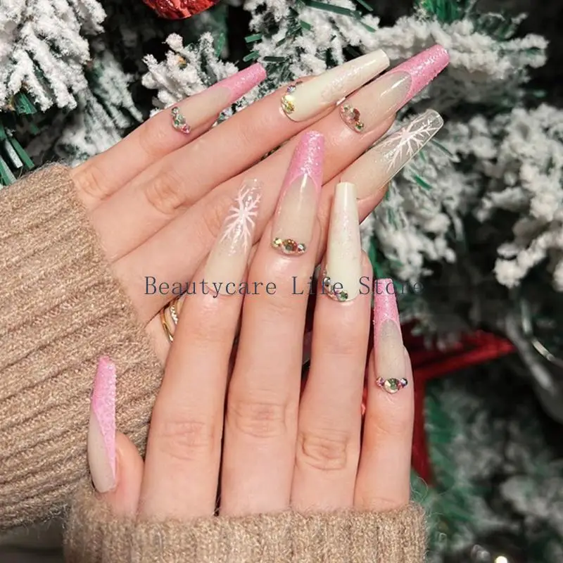 

652C 24 Pieces Long Press on Nails Shiny Acrylic Fake Nails Full Cover French Tip Fake Nails for Women Nail-Glue Include