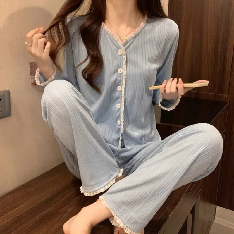 Simple Women Pajamas Spring Autumn Cute Round-neck Long-sleeve Long-pants Set Girls Loose-fitting Student Homewear Ladies Casual